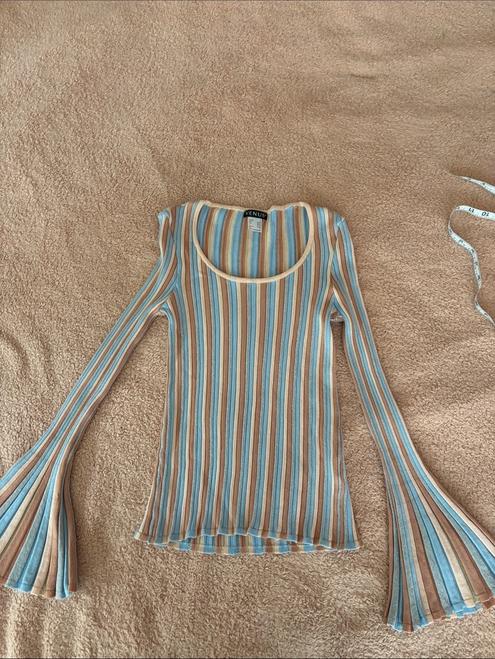 VENUS Striped Scoop Neck Long Sleeve Top in Blue and Tan Disco Vibes